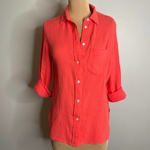 J.Crew 100% Cotton Classic Buttondown Coral Shirt Cuff Blouse Top 2 Cuffs Travel - Picture 14 of 16